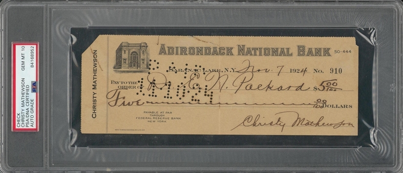 1924 Christy Mathewson Signed Check (PSA/DNA GEM MT 10)